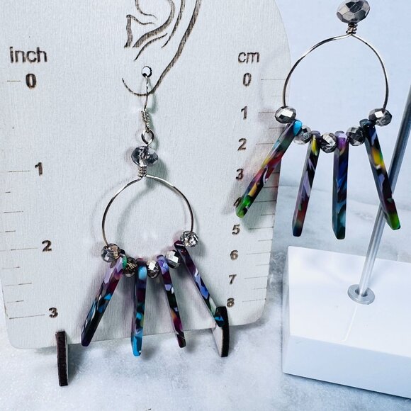 Retro Colorful Acrylic 3" Dangle Hoop Earrings Bars Beads Boho Gypsy Vtg style - Picture 6 of 7